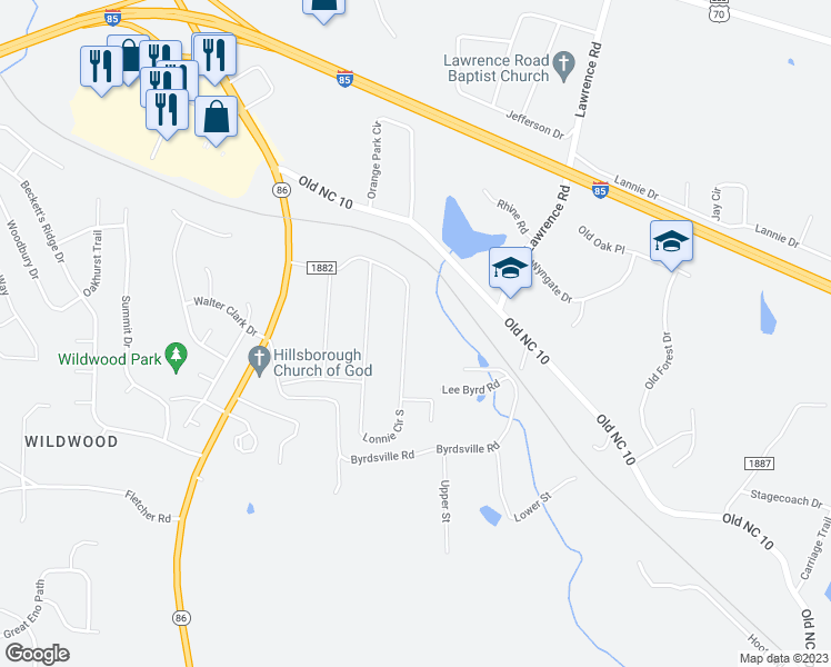 map of restaurants, bars, coffee shops, grocery stores, and more near 2525 Lonnie Circle South in Hillsborough