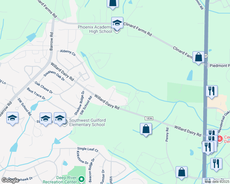 map of restaurants, bars, coffee shops, grocery stores, and more near 4334 Holstein Drive in High Point