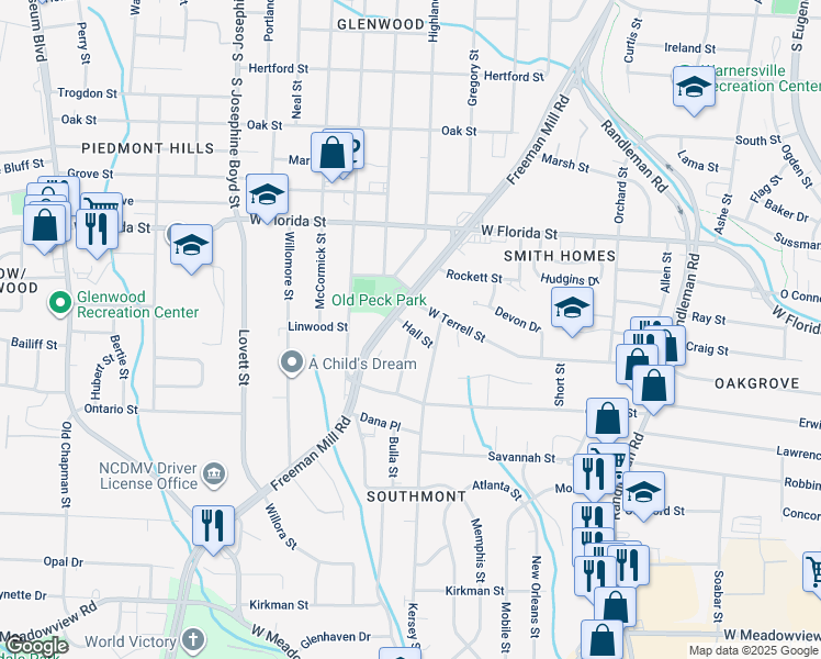 map of restaurants, bars, coffee shops, grocery stores, and more near 911 Hall Street in Greensboro