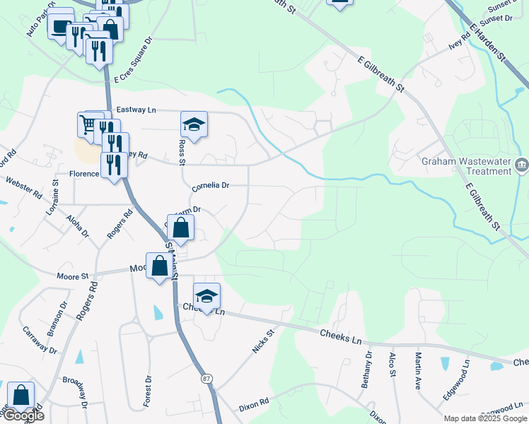 map of restaurants, bars, coffee shops, grocery stores, and more near 507 Lemontree Court in Graham
