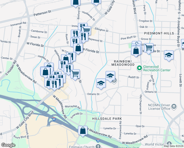 map of restaurants, bars, coffee shops, grocery stores, and more near 2517 Grimsley Street in Greensboro