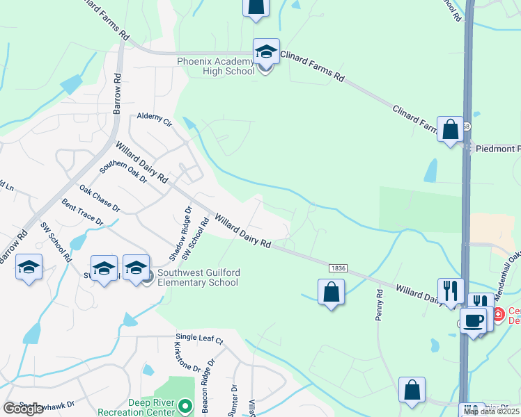 map of restaurants, bars, coffee shops, grocery stores, and more near 4334 Holstein Drive in High Point