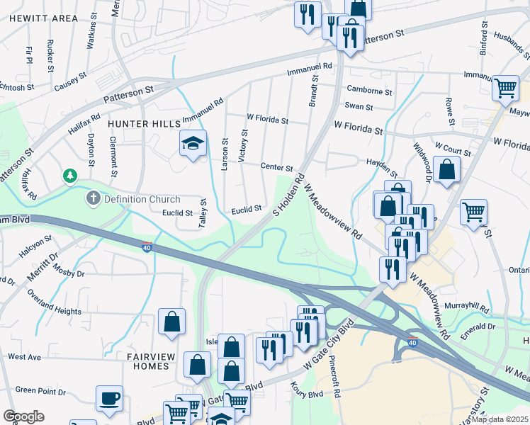 map of restaurants, bars, coffee shops, grocery stores, and more near 3201 Euclid Street in Greensboro