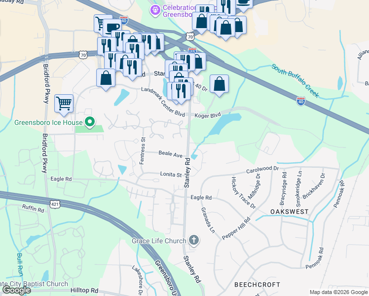 map of restaurants, bars, coffee shops, grocery stores, and more near 4803 Lonita Street in Greensboro