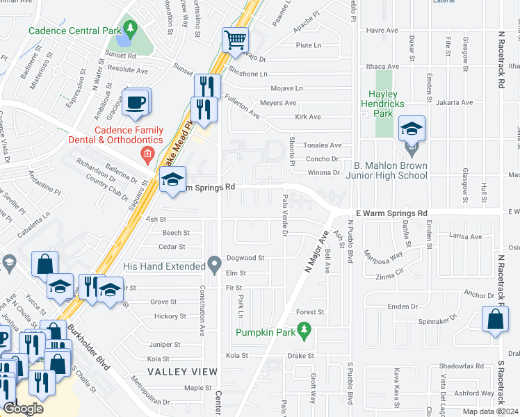 map of restaurants, bars, coffee shops, grocery stores, and more near 1004 Brookside Court in Henderson