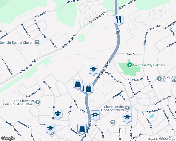 map of restaurants, bars, coffee shops, grocery stores, and more near 5603 Madonna Circle in Knoxville