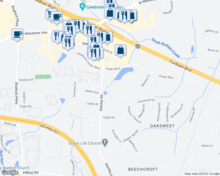 map of restaurants, bars, coffee shops, grocery stores, and more near 5 Mistywood Court in Greensboro