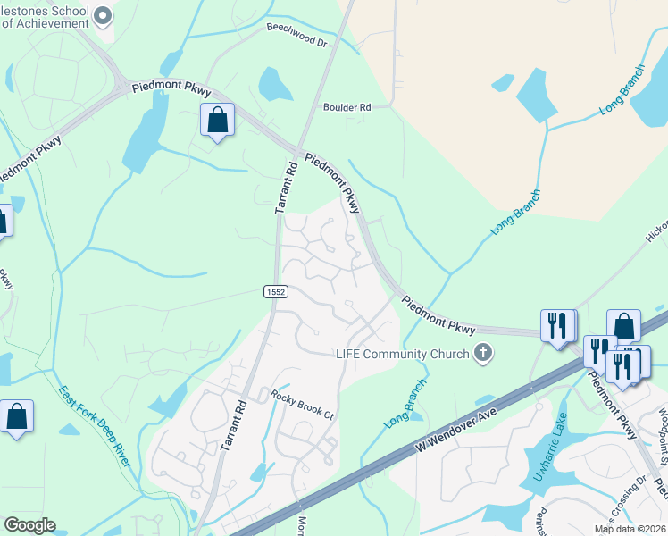 map of restaurants, bars, coffee shops, grocery stores, and more near 1139 Tarrant Road in Greensboro