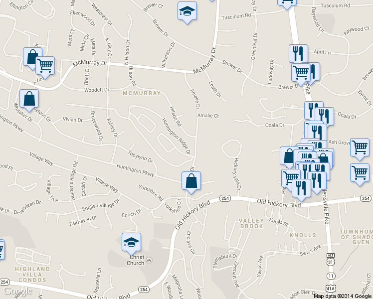 map of restaurants, bars, coffee shops, grocery stores, and more near 519 Huntington Ridge Drive in Nashville