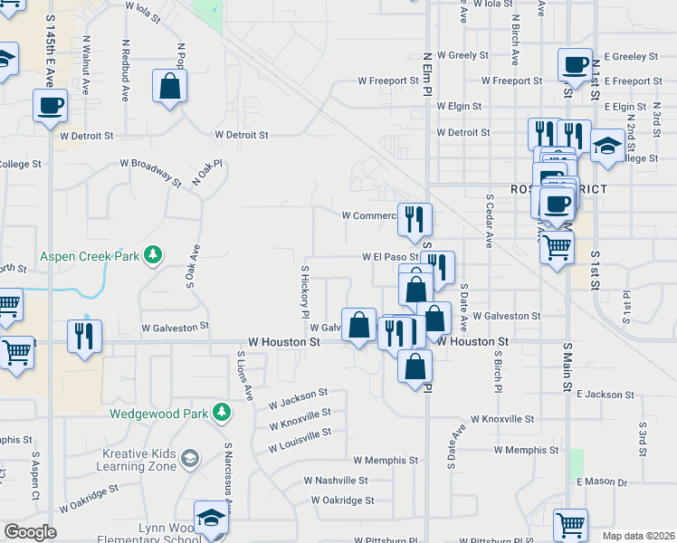map of restaurants, bars, coffee shops, grocery stores, and more near 917 West El Paso Street in Broken Arrow