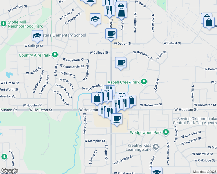 map of restaurants, bars, coffee shops, grocery stores, and more near 409 South Beech Avenue in Broken Arrow