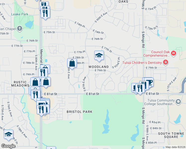 map of restaurants, bars, coffee shops, grocery stores, and more near in Tulsa
