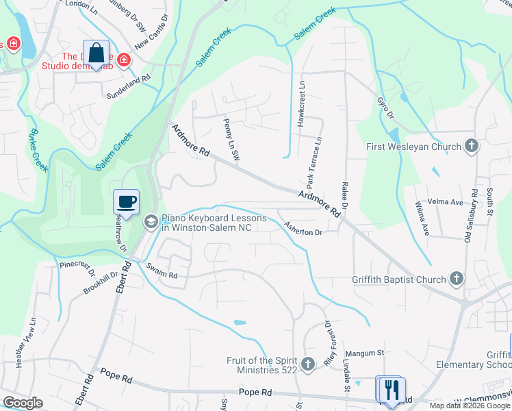 map of restaurants, bars, coffee shops, grocery stores, and more near 1965 Camden Forest Drive in Winston-Salem