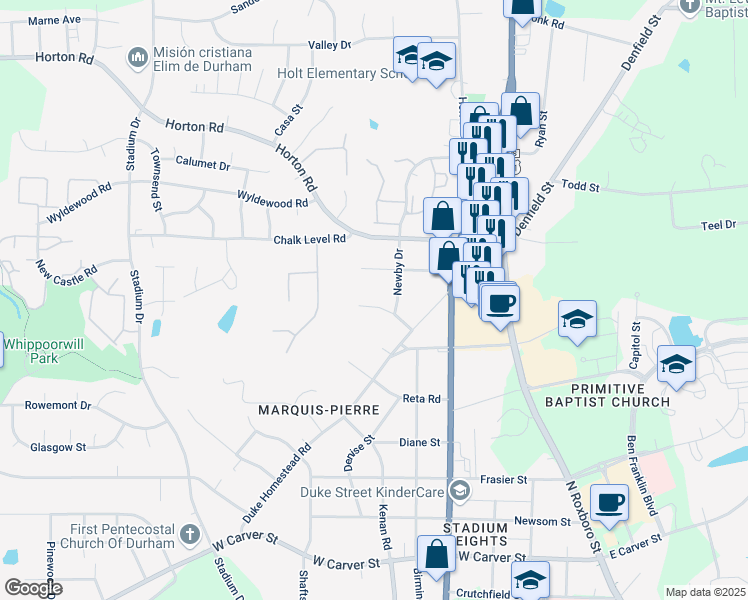 map of restaurants, bars, coffee shops, grocery stores, and more near 716 Ferris Road in Durham