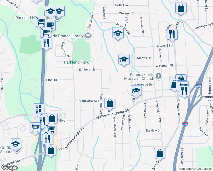map of restaurants, bars, coffee shops, grocery stores, and more near 868 Foxwood Place in Winston-Salem