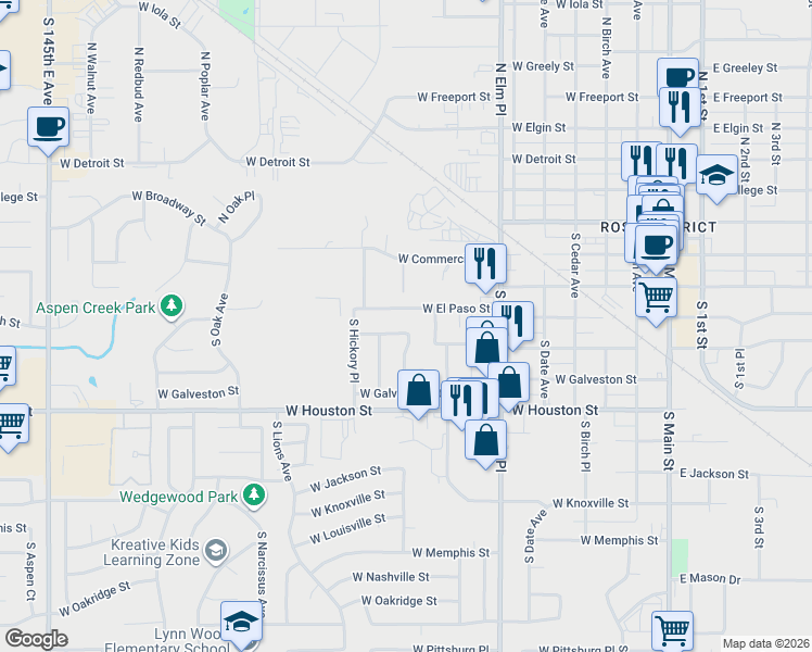 map of restaurants, bars, coffee shops, grocery stores, and more near 305 South Gum Avenue in Broken Arrow