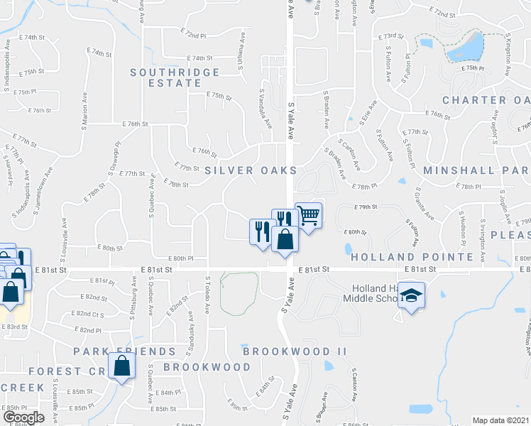 map of restaurants, bars, coffee shops, grocery stores, and more near 4707 East 80th Street in Tulsa