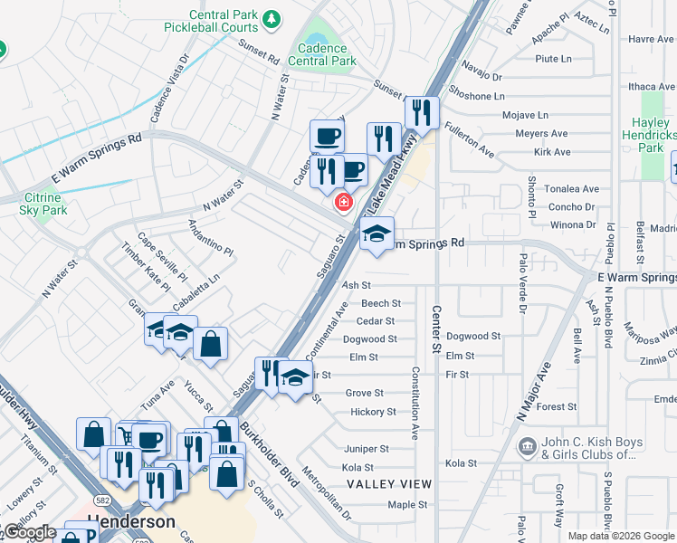 map of restaurants, bars, coffee shops, grocery stores, and more near 700 East Lake Mead Parkway in Henderson