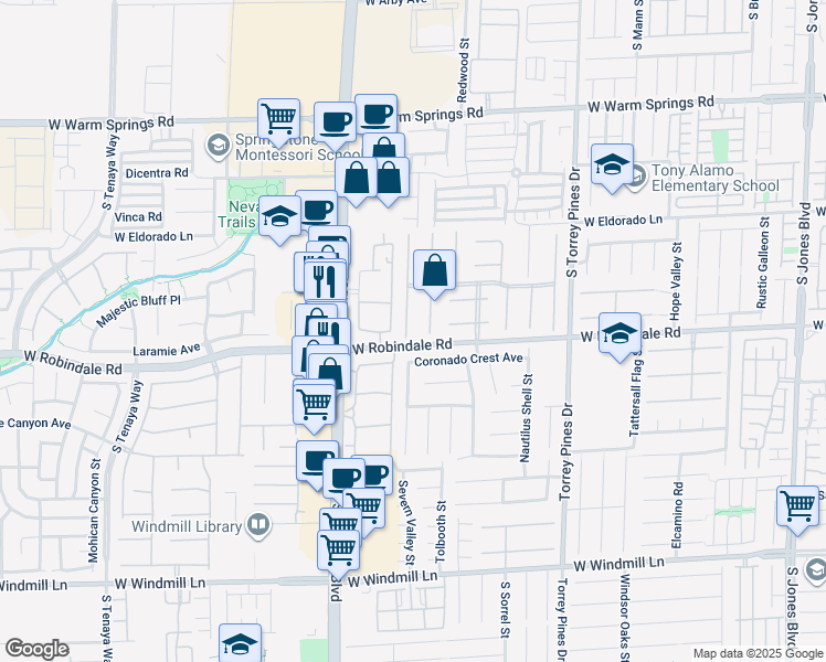 map of restaurants, bars, coffee shops, grocery stores, and more near 7678 Belgian Lion Street in Las Vegas