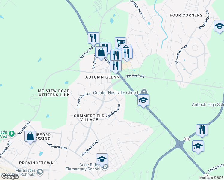 map of restaurants, bars, coffee shops, grocery stores, and more near 133 Rockglen Court in Nashville