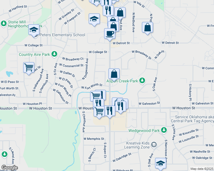 map of restaurants, bars, coffee shops, grocery stores, and more near 409 South Beech Avenue in Broken Arrow