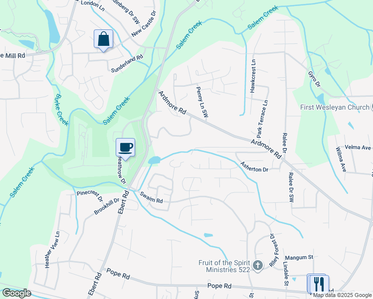 map of restaurants, bars, coffee shops, grocery stores, and more near Virginia Branch Road in Winston-Salem
