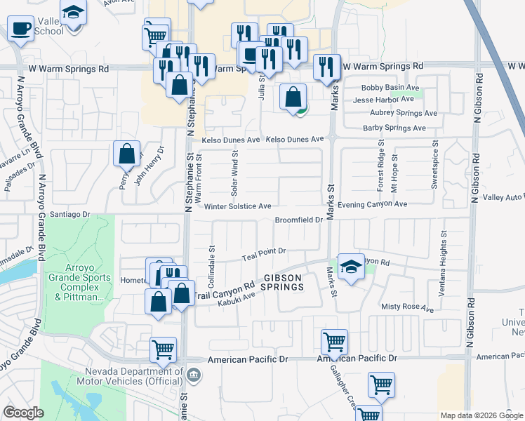 map of restaurants, bars, coffee shops, grocery stores, and more near 1319 Winter Solstice Avenue in Henderson