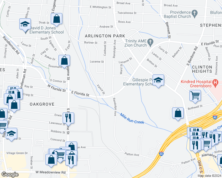 map of restaurants, bars, coffee shops, grocery stores, and more near 1800 Randolph Avenue in Greensboro