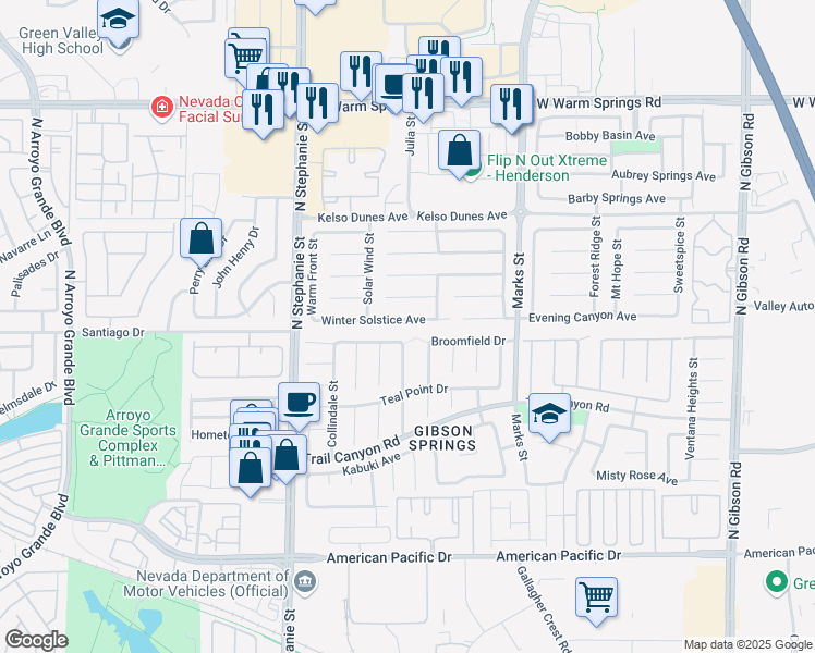 map of restaurants, bars, coffee shops, grocery stores, and more near 1323 Winter Solstice Avenue in Henderson