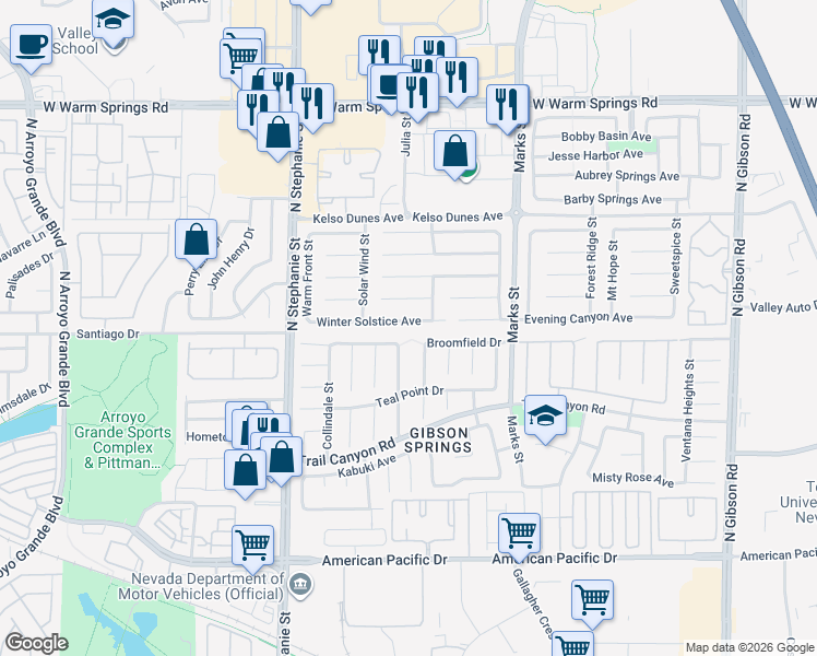 map of restaurants, bars, coffee shops, grocery stores, and more near 1319 Winter Solstice Avenue in Henderson