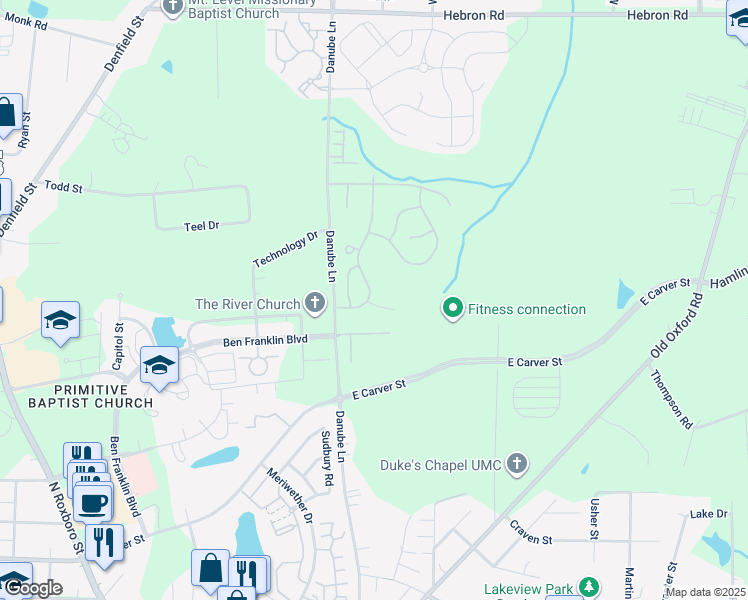 map of restaurants, bars, coffee shops, grocery stores, and more near 4104 Lillington Drive in Durham