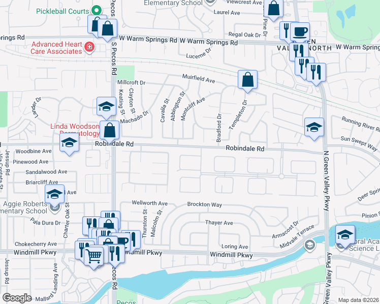 map of restaurants, bars, coffee shops, grocery stores, and more near 2343 Villandry Court in Henderson