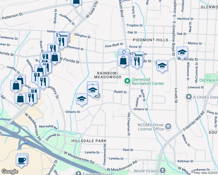 map of restaurants, bars, coffee shops, grocery stores, and more near 2104 Bailiff Street in Greensboro