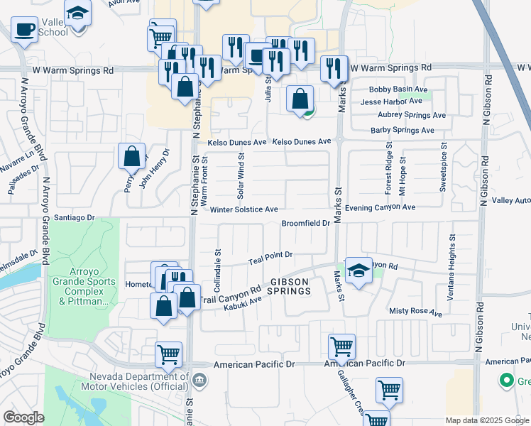 map of restaurants, bars, coffee shops, grocery stores, and more near 1323 Winter Solstice Avenue in Henderson