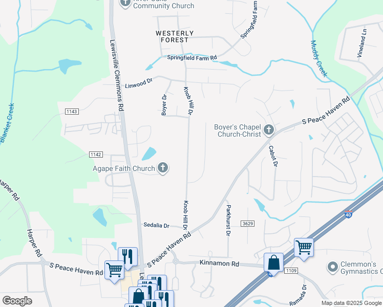 map of restaurants, bars, coffee shops, grocery stores, and more near 2733 Knob Hill Drive in Clemmons