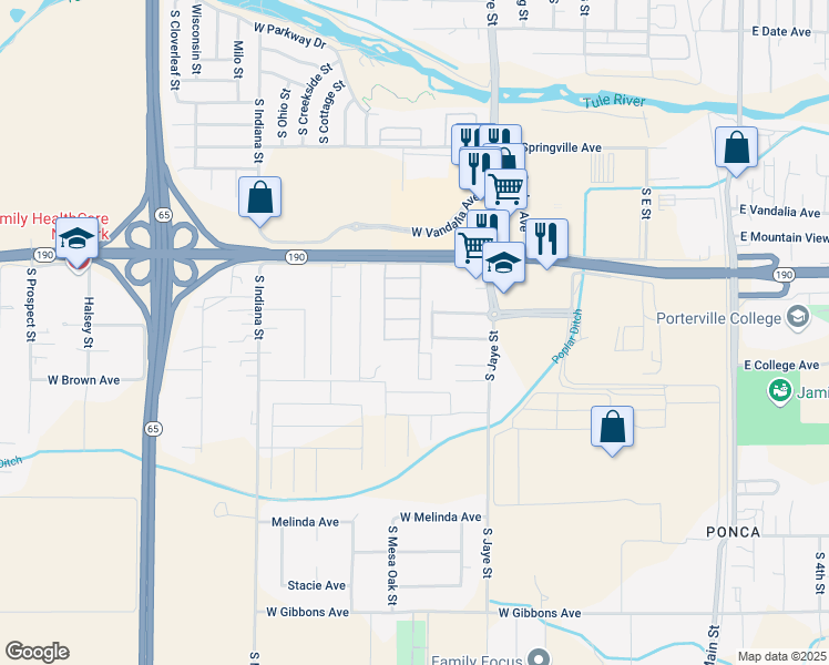map of restaurants, bars, coffee shops, grocery stores, and more near 500 Blue Oak Avenue in Porterville