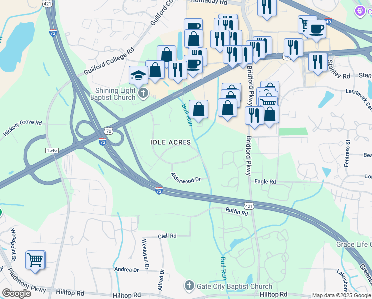 map of restaurants, bars, coffee shops, grocery stores, and more near 5605 Cates Drive in Greensboro