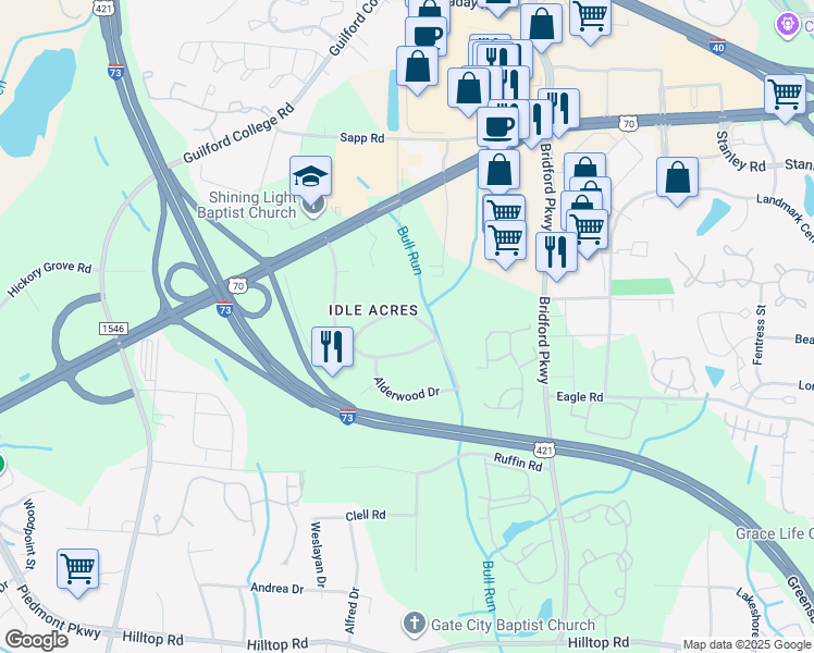 map of restaurants, bars, coffee shops, grocery stores, and more near 5605 Cates Drive in Greensboro