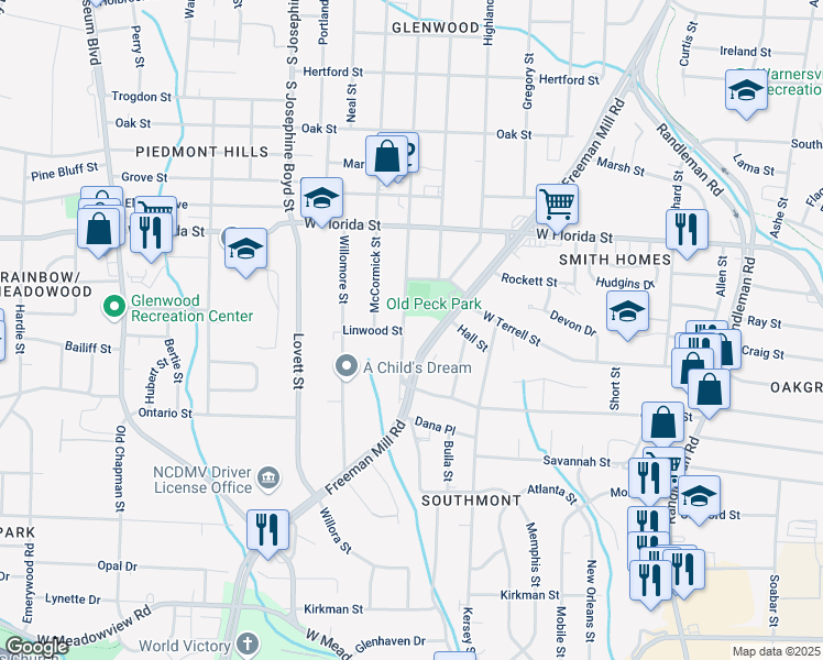 map of restaurants, bars, coffee shops, grocery stores, and more near 1617 Glenwood Avenue in Greensboro