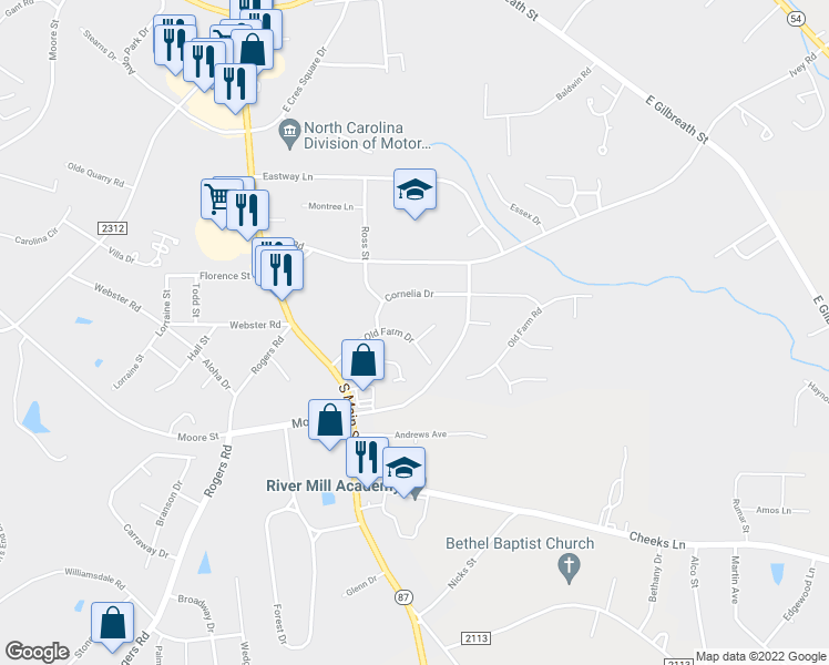 map of restaurants, bars, coffee shops, grocery stores, and more near 400 Aspen Court in Graham