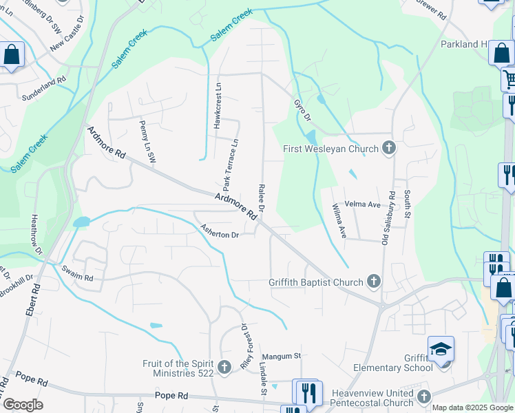 map of restaurants, bars, coffee shops, grocery stores, and more near 1775 Ralee Drive in Winston-Salem