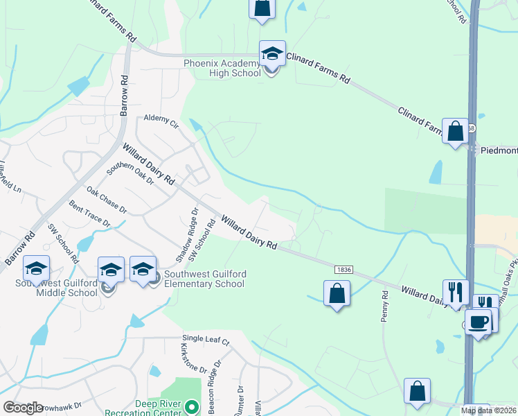 map of restaurants, bars, coffee shops, grocery stores, and more near 2421 Willard Dairy Road in High Point