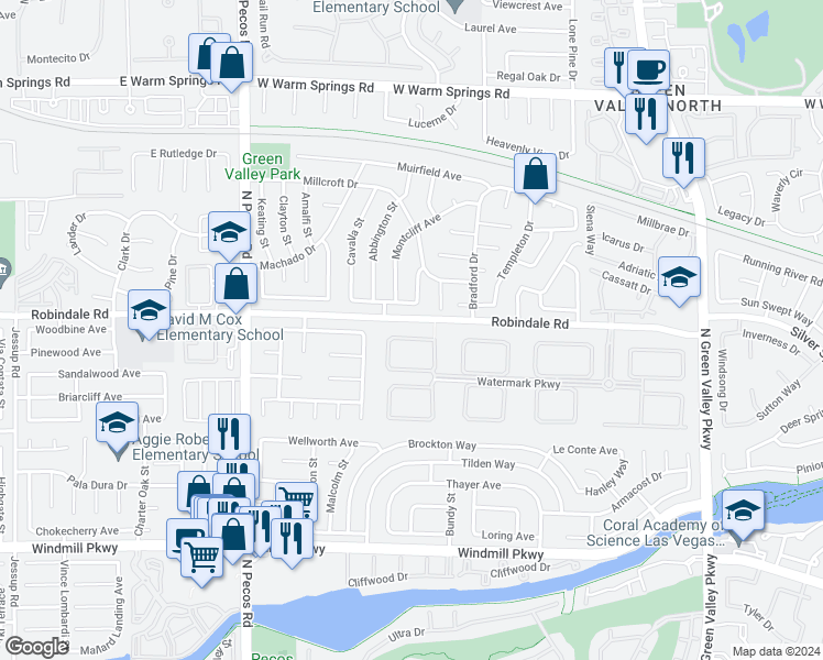 map of restaurants, bars, coffee shops, grocery stores, and more near 2343 Villandry Court in Henderson