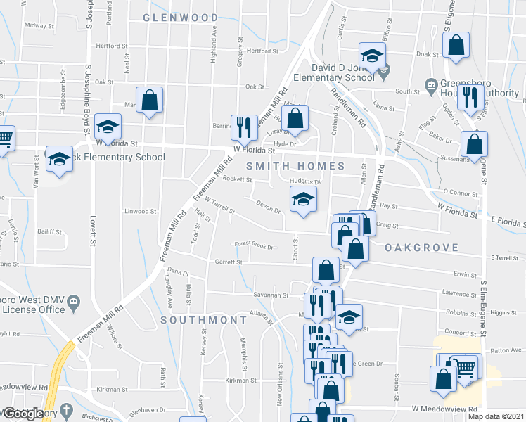 map of restaurants, bars, coffee shops, grocery stores, and more near 713 Devon Drive in Greensboro