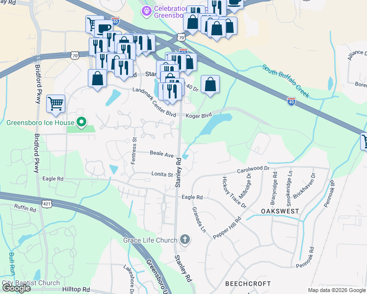 map of restaurants, bars, coffee shops, grocery stores, and more near 4803 Lonita Street in Greensboro
