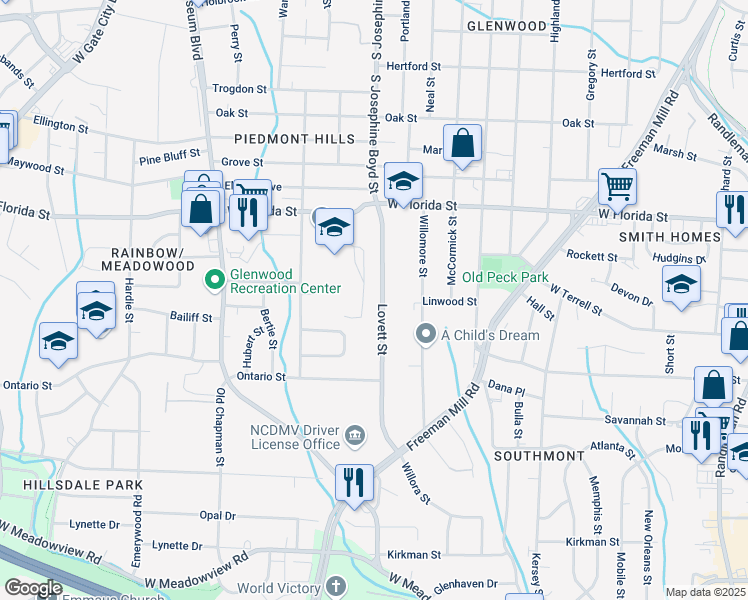 map of restaurants, bars, coffee shops, grocery stores, and more near 1548 Lovett Street in Greensboro