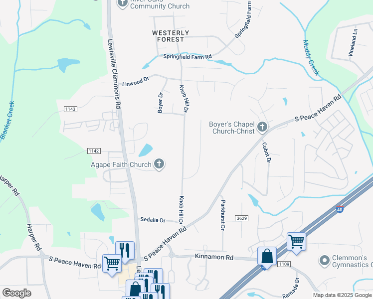 map of restaurants, bars, coffee shops, grocery stores, and more near 2733 Knob Hill Drive in Clemmons