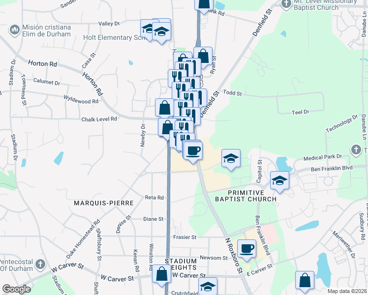map of restaurants, bars, coffee shops, grocery stores, and more near 511 Horton Rd in Durham