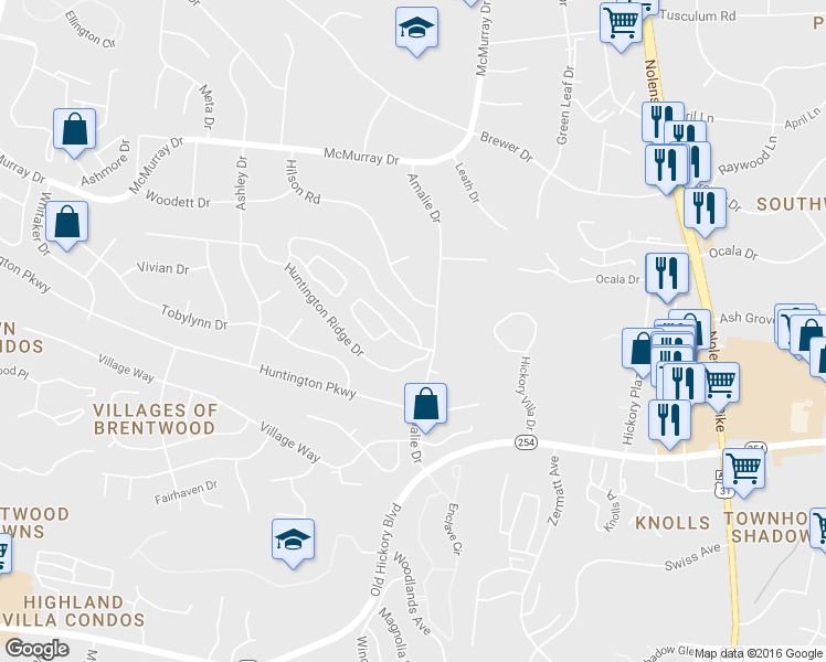 map of restaurants, bars, coffee shops, grocery stores, and more near 519 Huntington Ridge Drive in Nashville