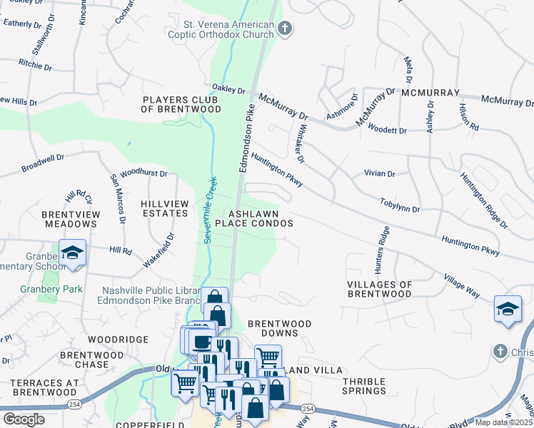 map of restaurants, bars, coffee shops, grocery stores, and more near 805 Ashlawn Place in Nashville